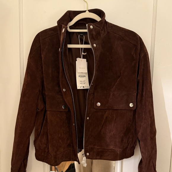 ZARA Suede Leather Bomber Jacket With Pockets — Brown Marl — Size M - Picture 2 of 4